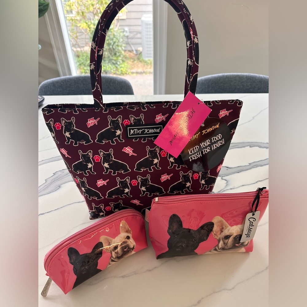 Frenchie fans! Betsey Johnson satchel insulated lunch tote and two adorable bags